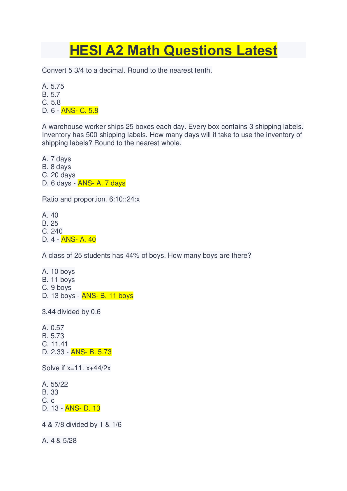 Preview image of HESI A2 Math Questions Latest document